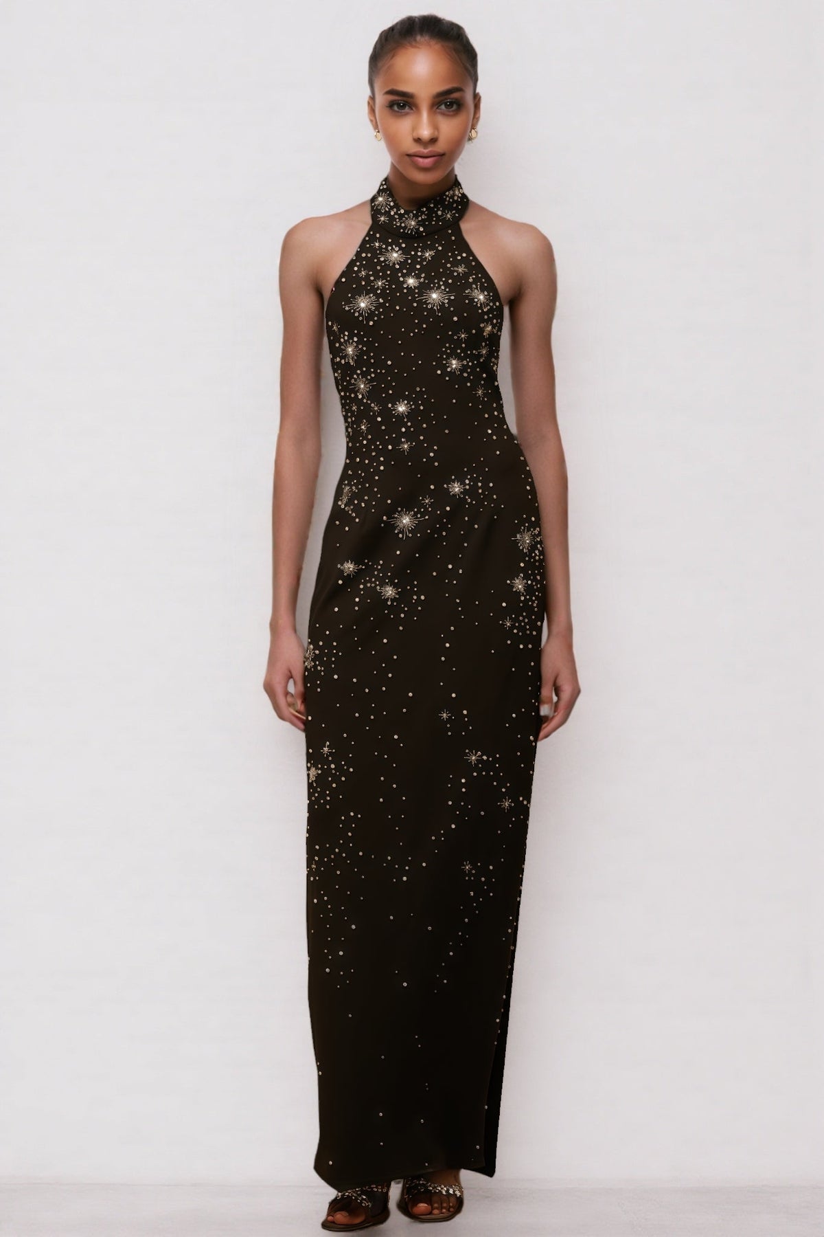 Starburst Embellished Halter Mock Neck Sleeveless Bodycon Maxi Gown