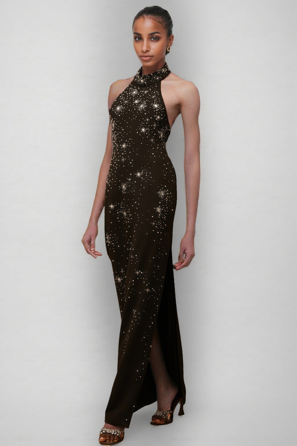 Starburst Embellished Halter Mock Neck Sleeveless Bodycon Maxi Gown - View 3