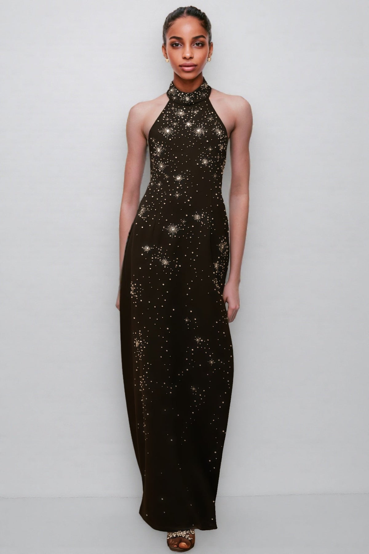 Starburst Embellished Halter Mock Neck Sleeveless Bodycon Maxi Gown - View 2