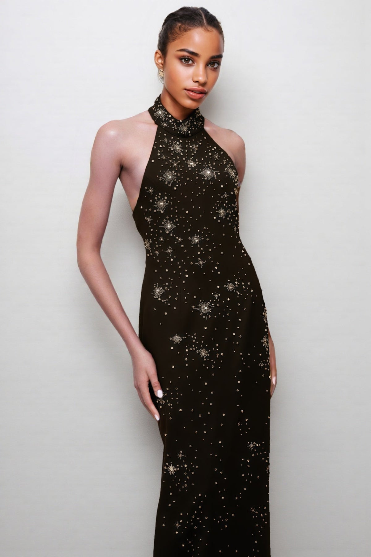 Starburst Embellished Halter Mock Neck Sleeveless Bodycon Maxi Gown - View 5