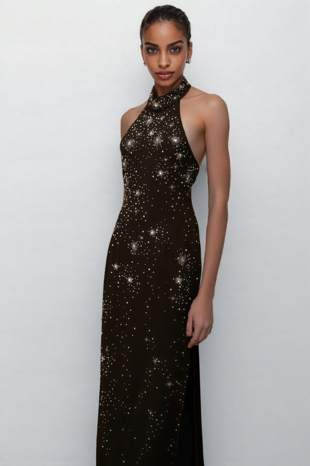 Starburst Embellished Halter Mock Neck Sleeveless Bodycon Maxi Gown - View 6