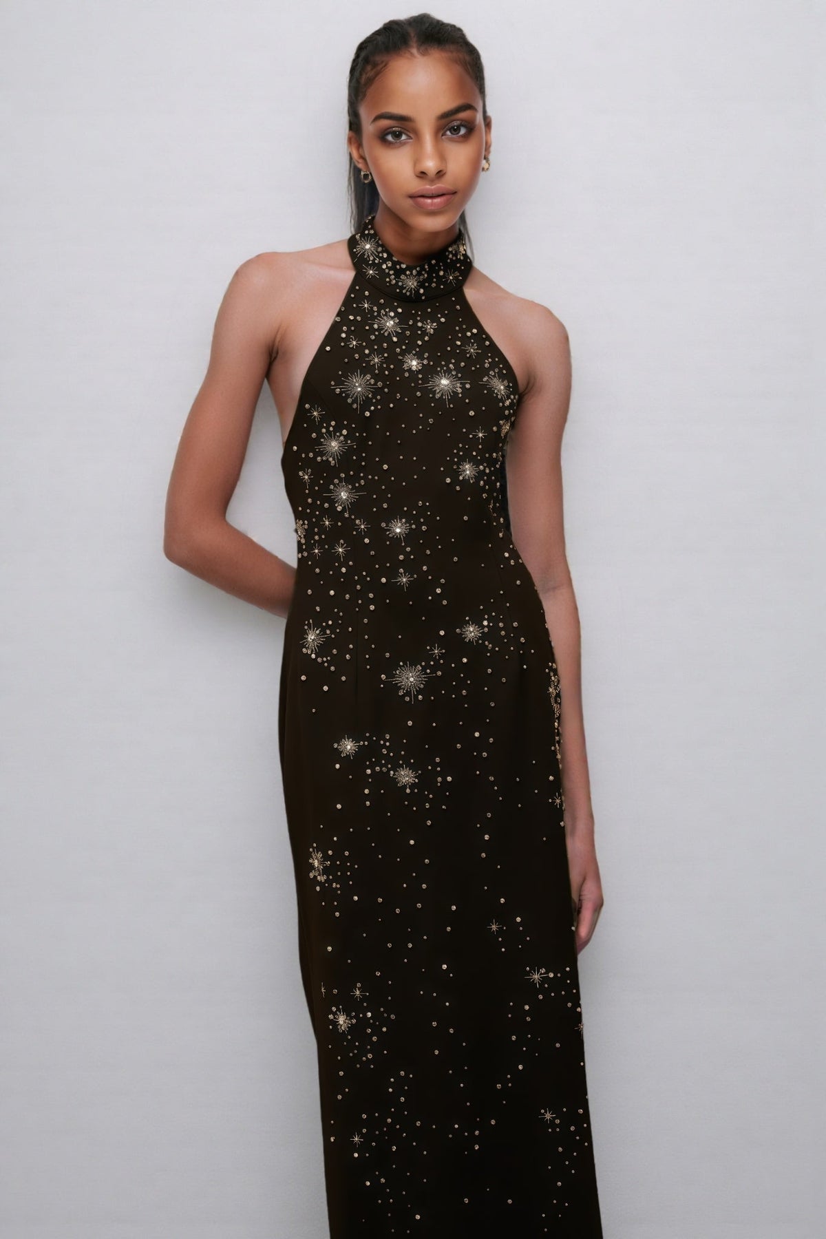 Starburst Embellished Halter Mock Neck Sleeveless Bodycon Maxi Gown - View 4