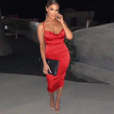 Summer Satin Backless Hollow Out Midi Dress in Black - View 11