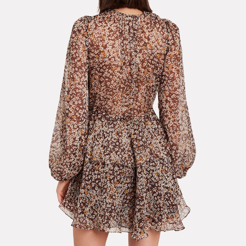 Chiffon Deep V-Neck Long Sleeve Tie Waist Tiered Mini Dress - View 3