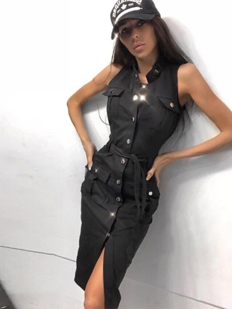 Sleeveless Mandarin Collar Button Front Cargo Pocket Belted Mini Dress - View 4
