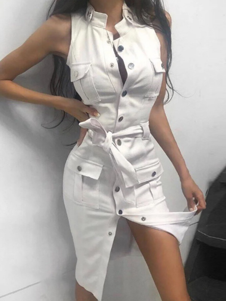 Sleeveless Mandarin Collar Button Front Cargo Pocket Belted Mini Dress - View 2
