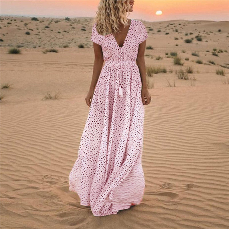 Short Sleeve Deep V-Neck Polka Dot Drawstring Waist Tassel Dress - View 2