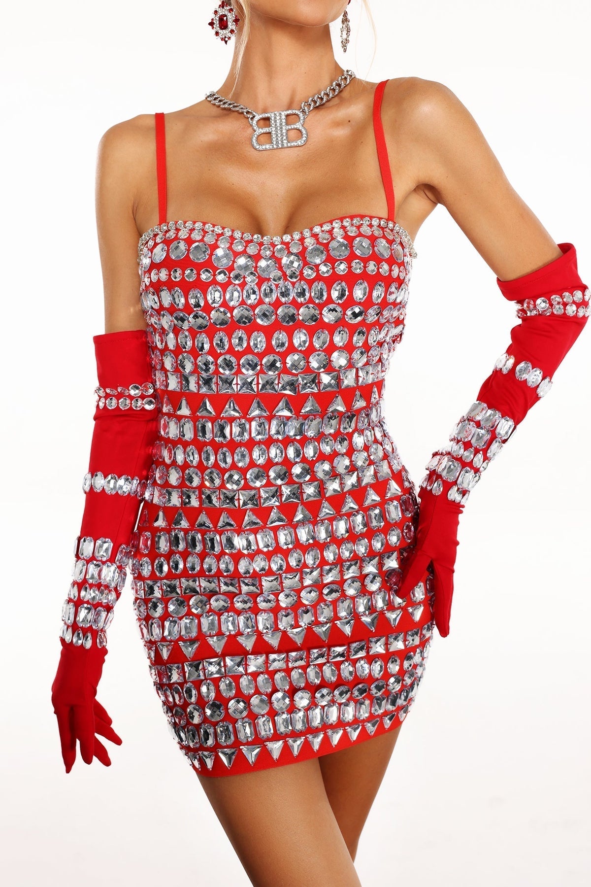 Crystal Embellished Spaghetti Strap Bodycon Mini Dress - View 5