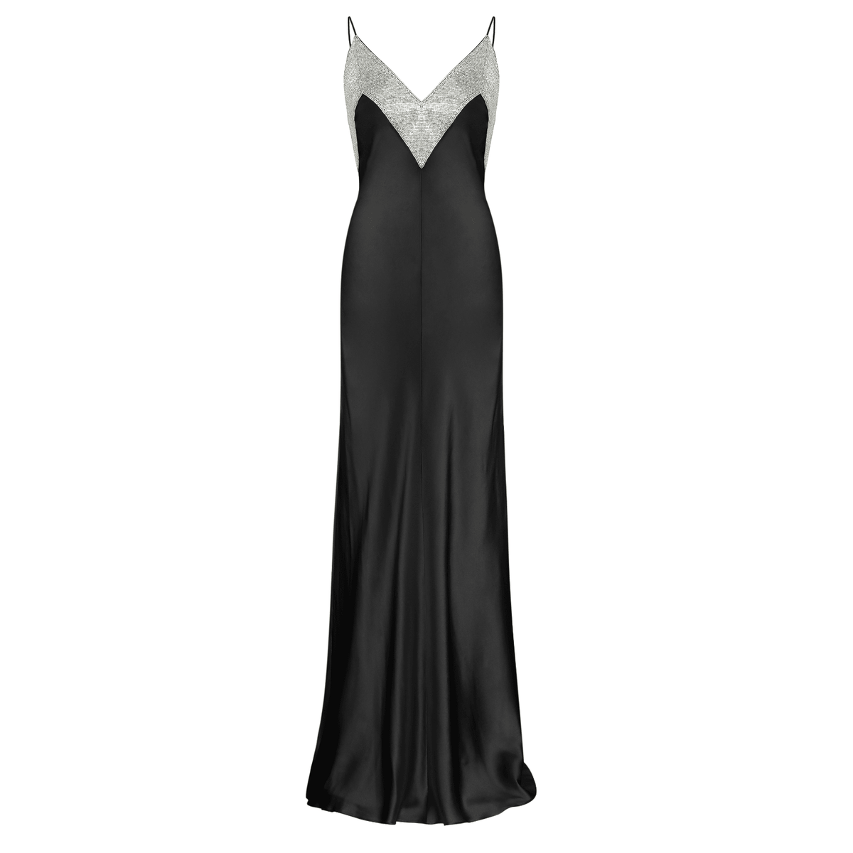Satin Spaghetti Strap Deep V-Neck Rhinestone Slip Maxi Dress - View 12