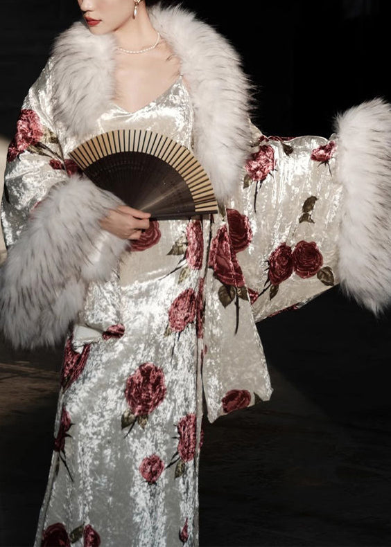 Rose Print Velvet Faux Fur Collar Coat and Maxi Dress Two Piece Set