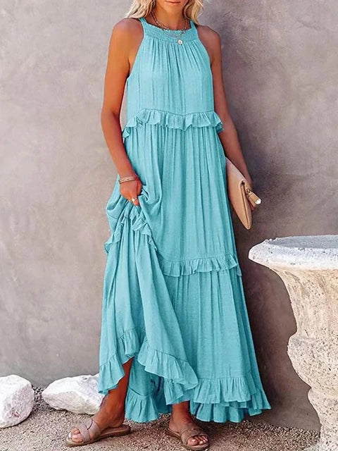 Halter Neck Sleeveless Tiered Ruffle Flowy Maxi Summer Dress - View 3