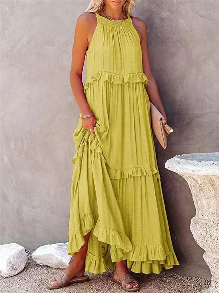 Halter Neck Sleeveless Tiered Ruffle Flowy Maxi Summer Dress - View 8