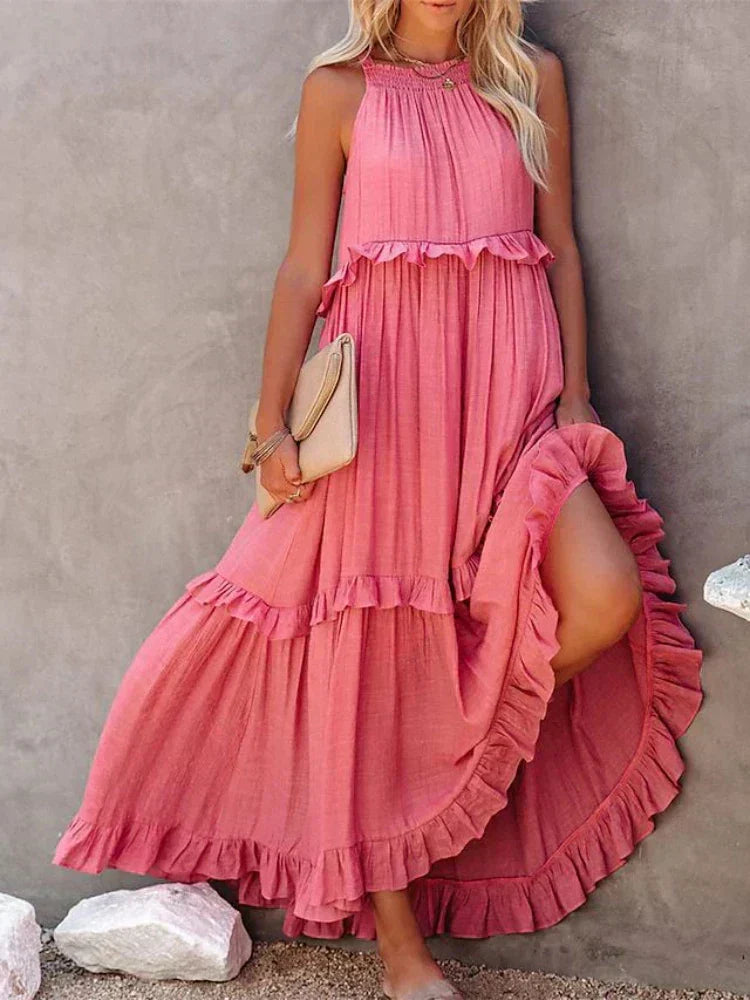 Halter Neck Sleeveless Tiered Ruffle Flowy Maxi Summer Dress - View 6