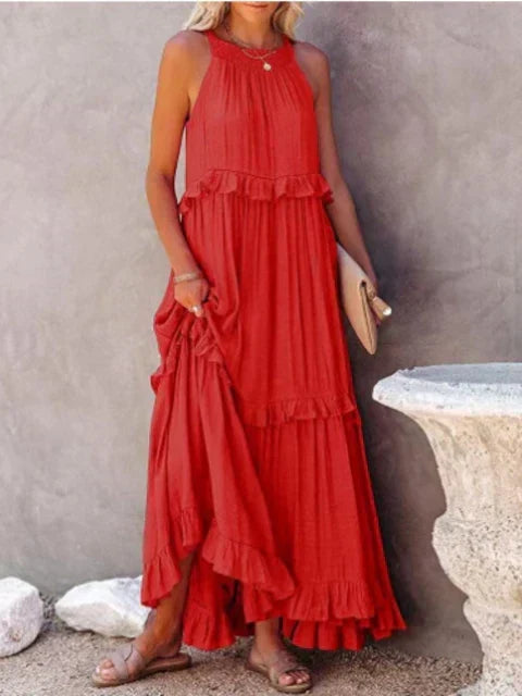 Halter Neck Sleeveless Tiered Ruffle Flowy Maxi Summer Dress - View 7