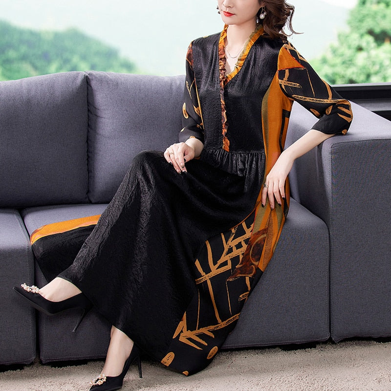 Crinkle Texture V-Neck Ruffle Collar Three Quarter Maxi Dress - View 2