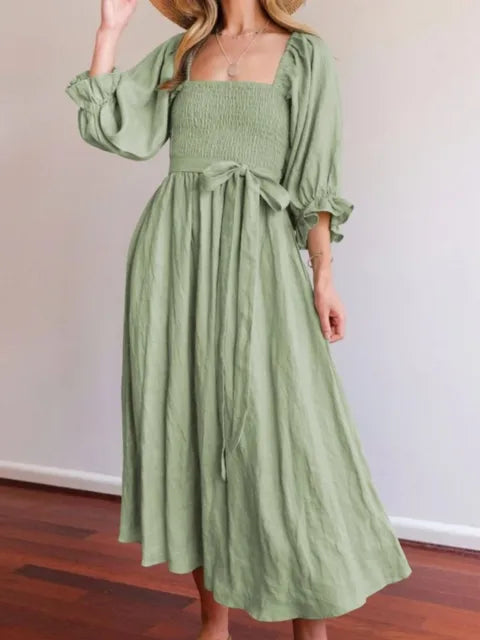 Square Neck Smocked Puff Sleeve Tie Waist Flowy Maxi Summer Dress - View 10