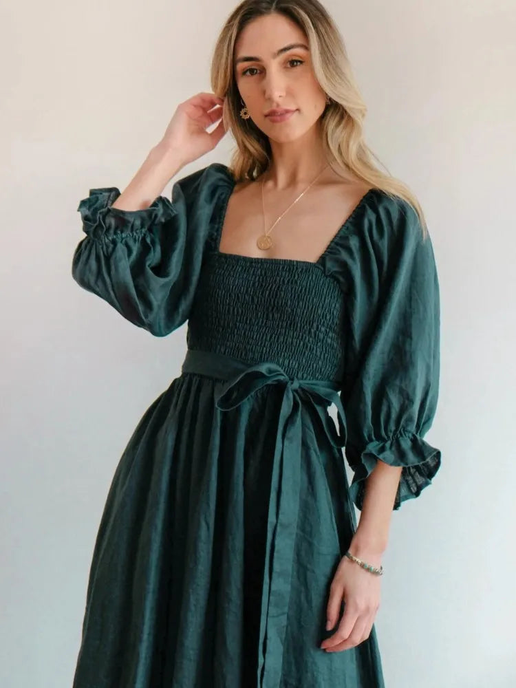 Square Neck Smocked Puff Sleeve Tie Waist Flowy Maxi Summer Dress - View 4