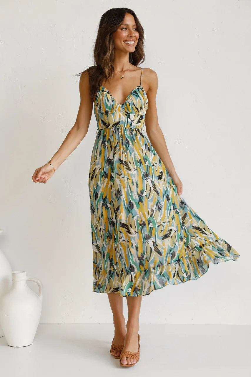 Spaghetti Strap Sweetheart Bustier Tie Waist A-Line Midi Dress - View 2