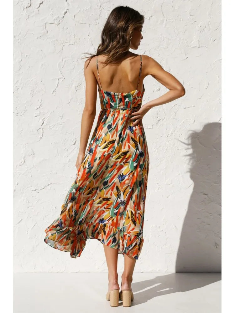 Spaghetti Strap Sweetheart Bustier Tie Waist A-Line Midi Dress - View 7