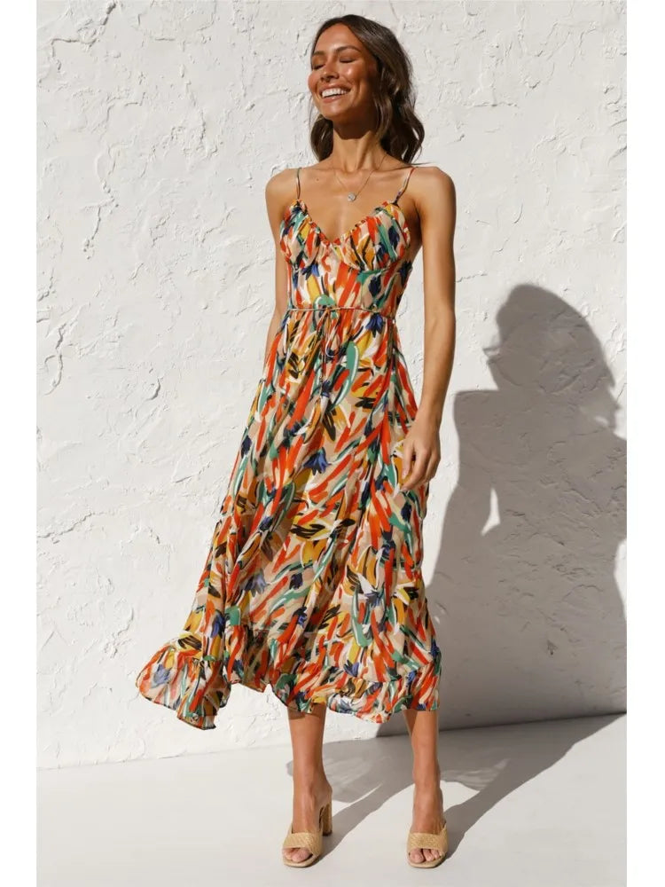 Spaghetti Strap Sweetheart Bustier Tie Waist A-Line Midi Dress - View 6