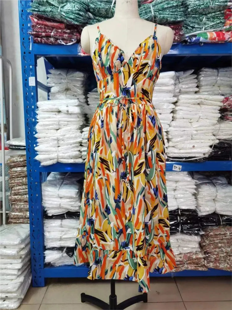 Spaghetti Strap Sweetheart Bustier Tie Waist A-Line Midi Dress - View 8