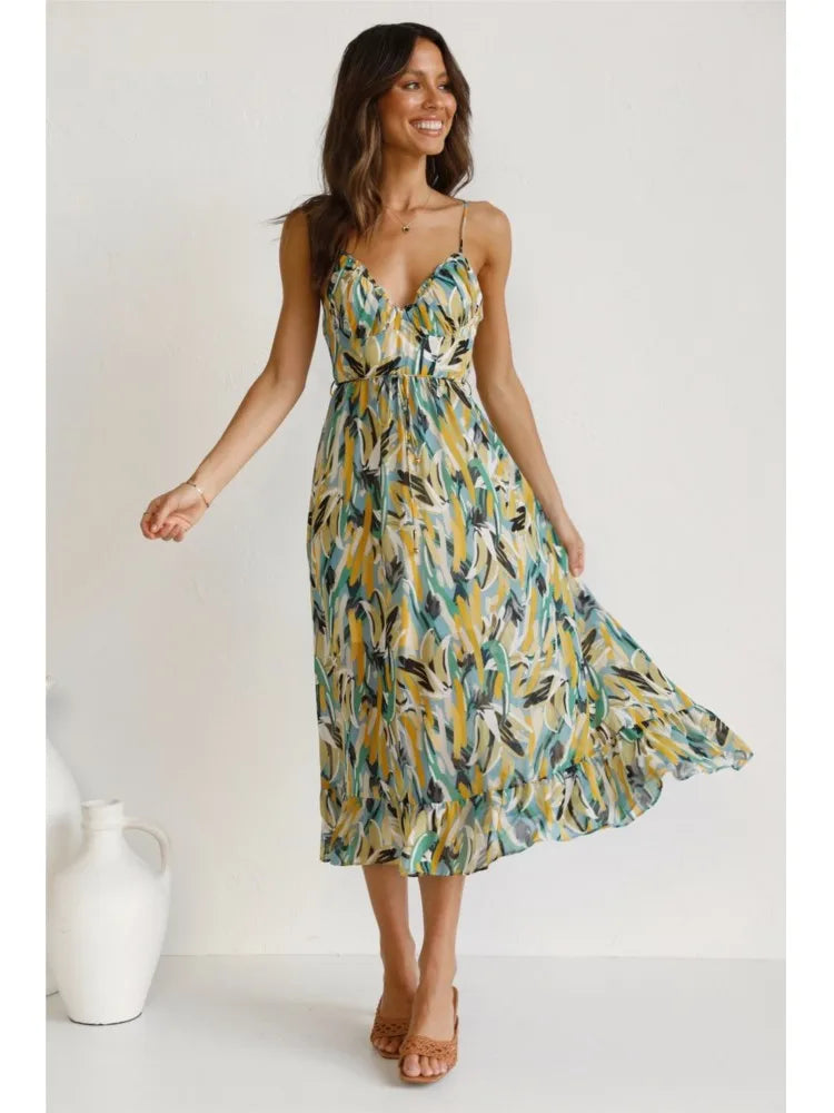 Spaghetti Strap Sweetheart Bustier Tie Waist A-Line Midi Dress - View 4