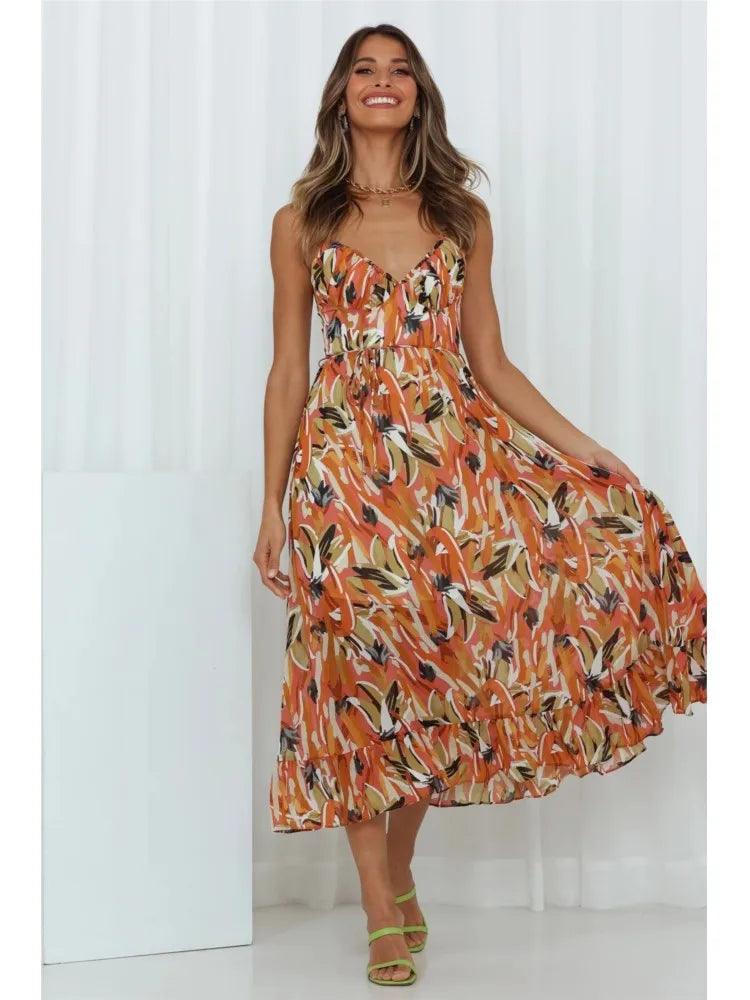 Spaghetti Strap Sweetheart Bustier Tie Waist A-Line Midi Dress - View 5