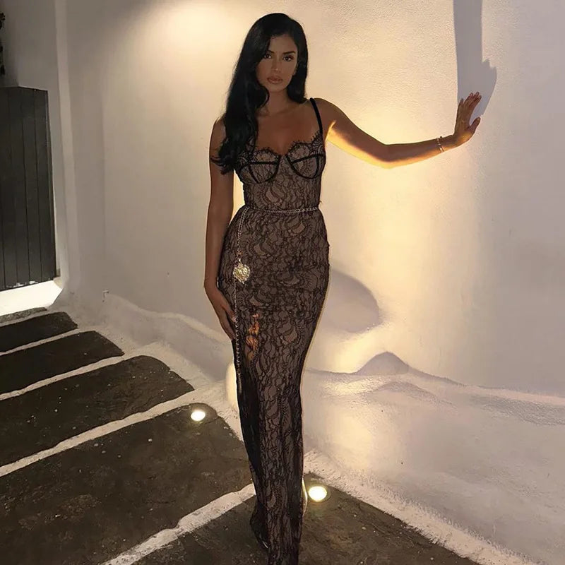 New Spring Lace Stitching Backless Slit Elegant Maxi Dress - View 3