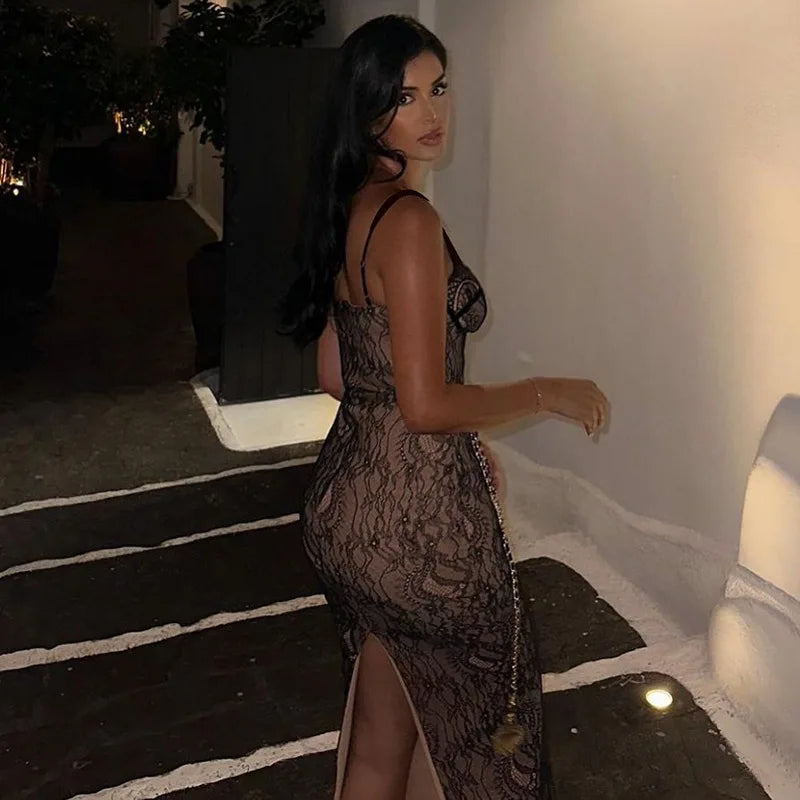 New Spring Lace Stitching Backless Slit Elegant Maxi Dress - View 4