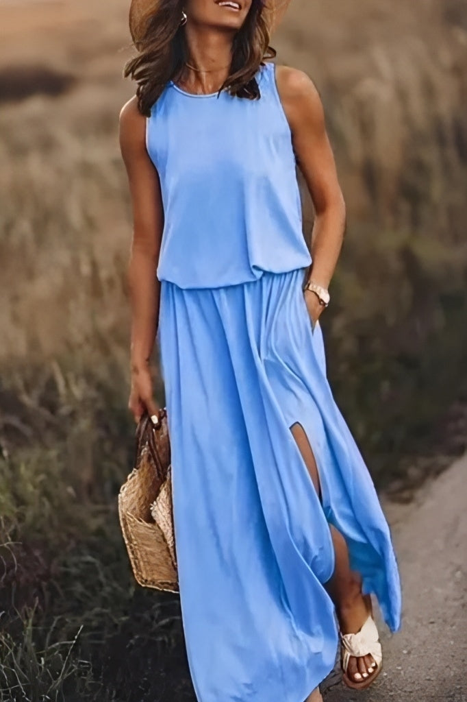 Sleeveless Round Neck Blouson Pocket High Split Knit Summer Maxi Dress - View 3
