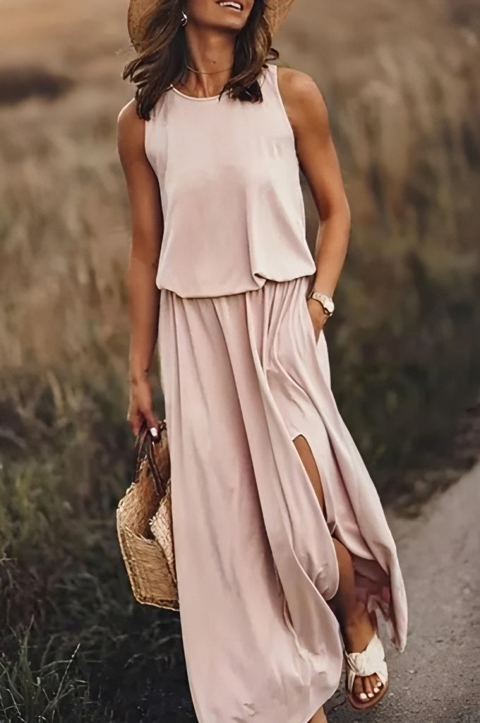 Sleeveless Round Neck Blouson Pocket High Split Knit Summer Maxi Dress