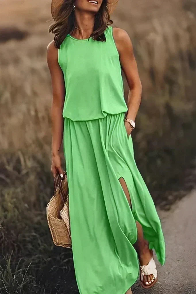 Sleeveless Round Neck Blouson Pocket High Split Knit Summer Maxi Dress - View 4