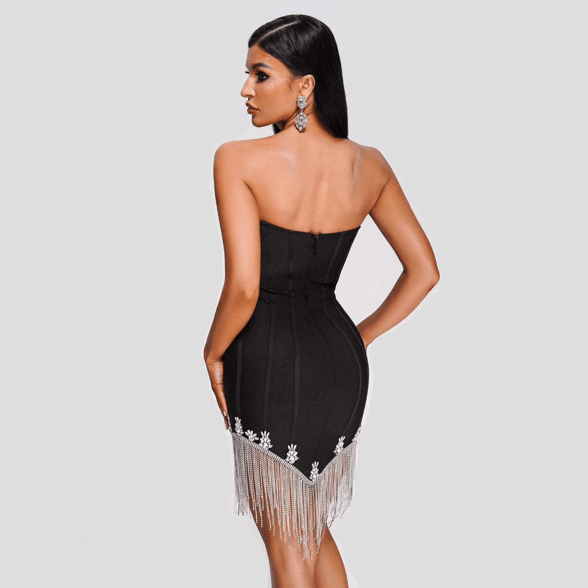 Strapless Cowl Neck Corset Rhinestone Fringe Bodycon Mini Dress - View 15