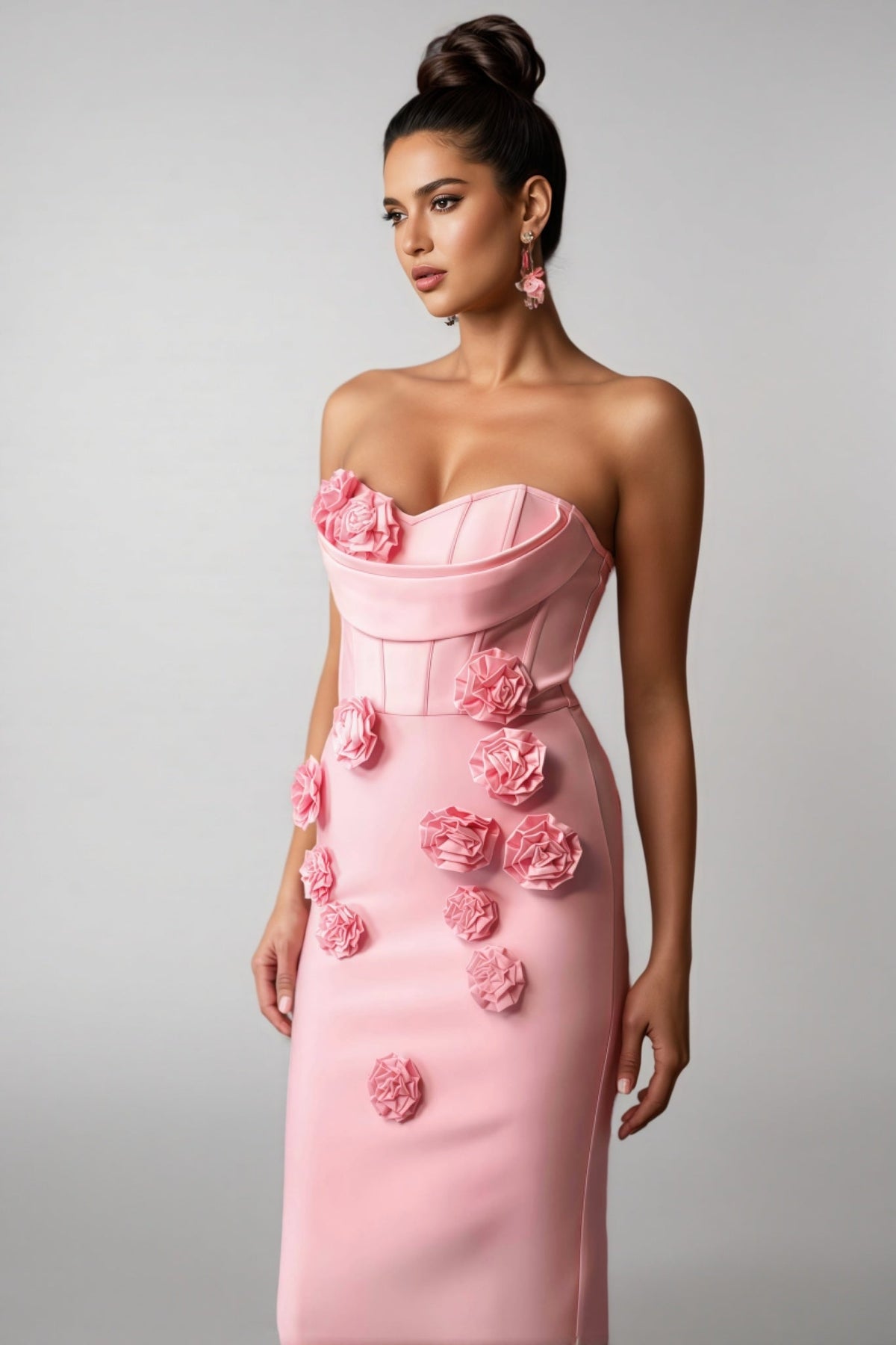 Strapless Corset 3D Rosette Applique Column Maxi Gown - View 4