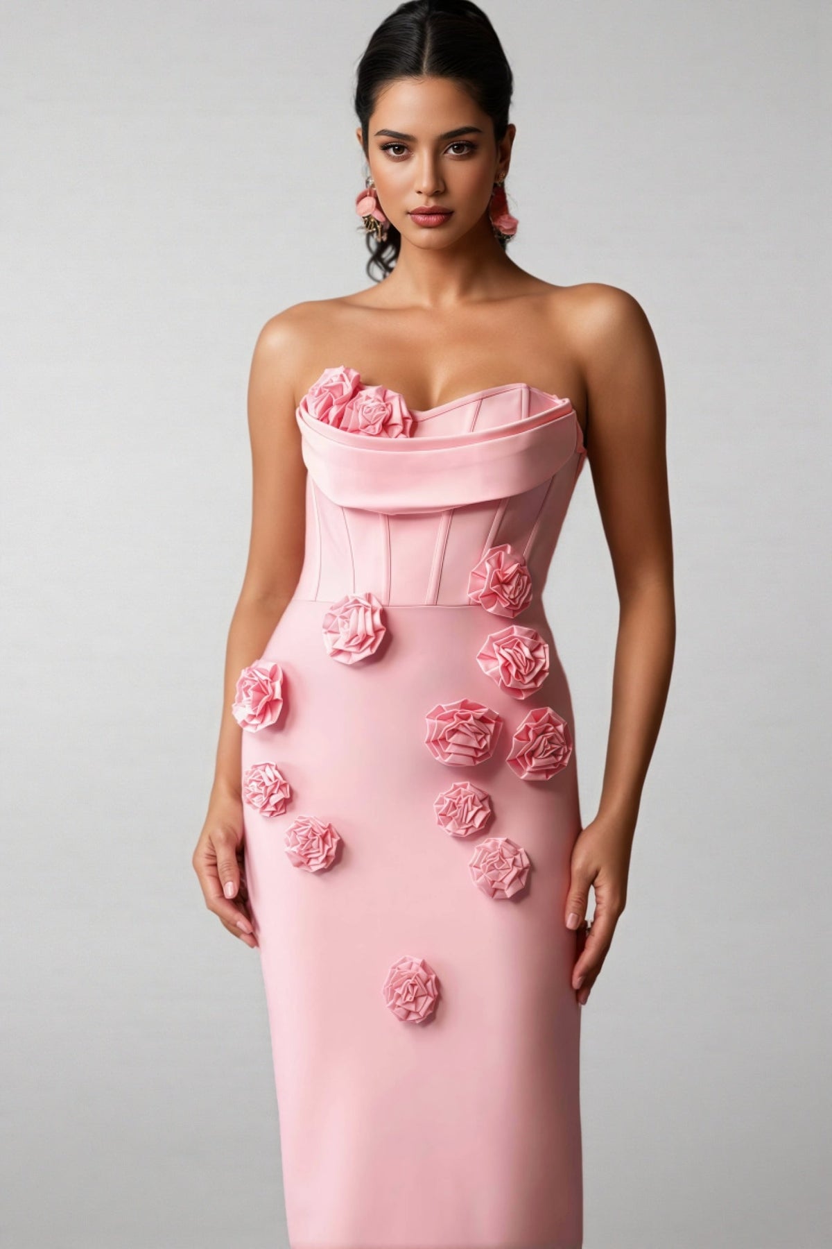 Strapless Corset 3D Rosette Applique Column Maxi Gown - View 3