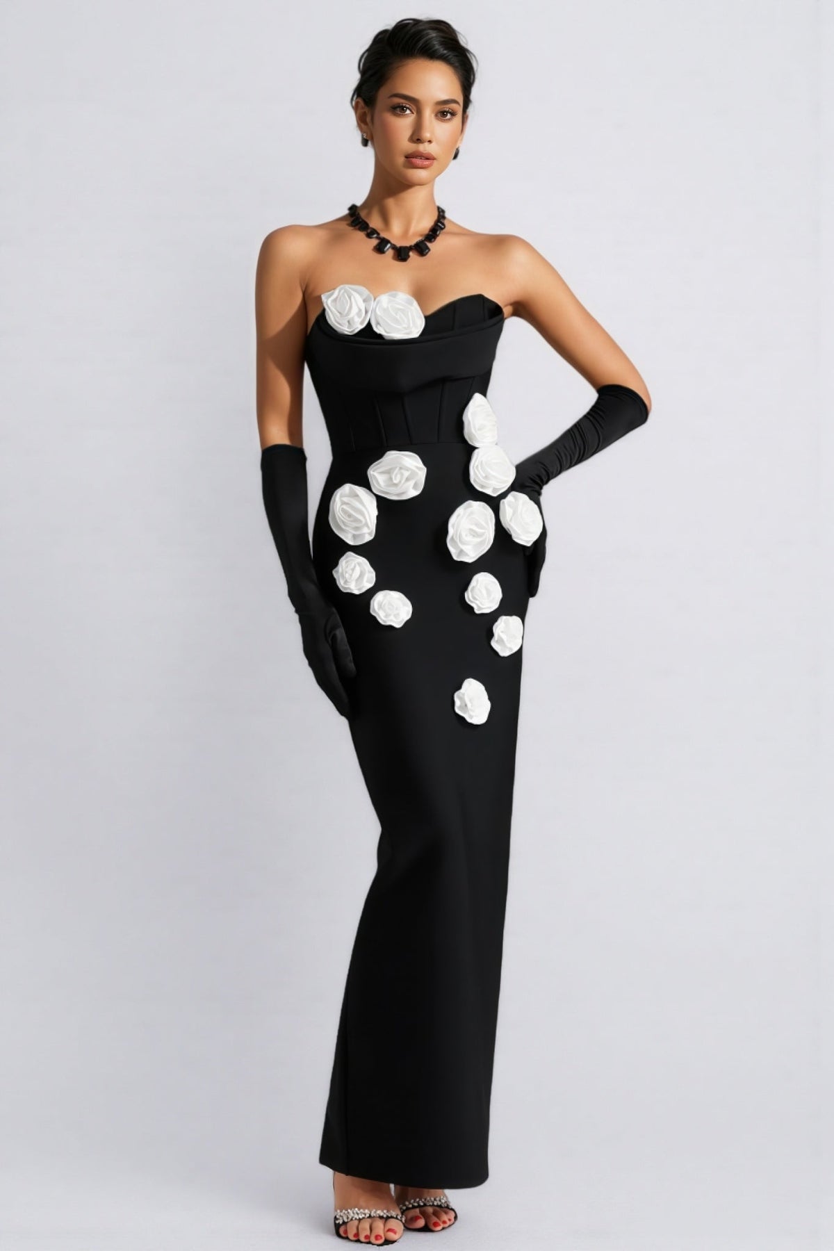 Bandage Strapless Corset Bodice 3D Floral Rosette Column Maxi Gown