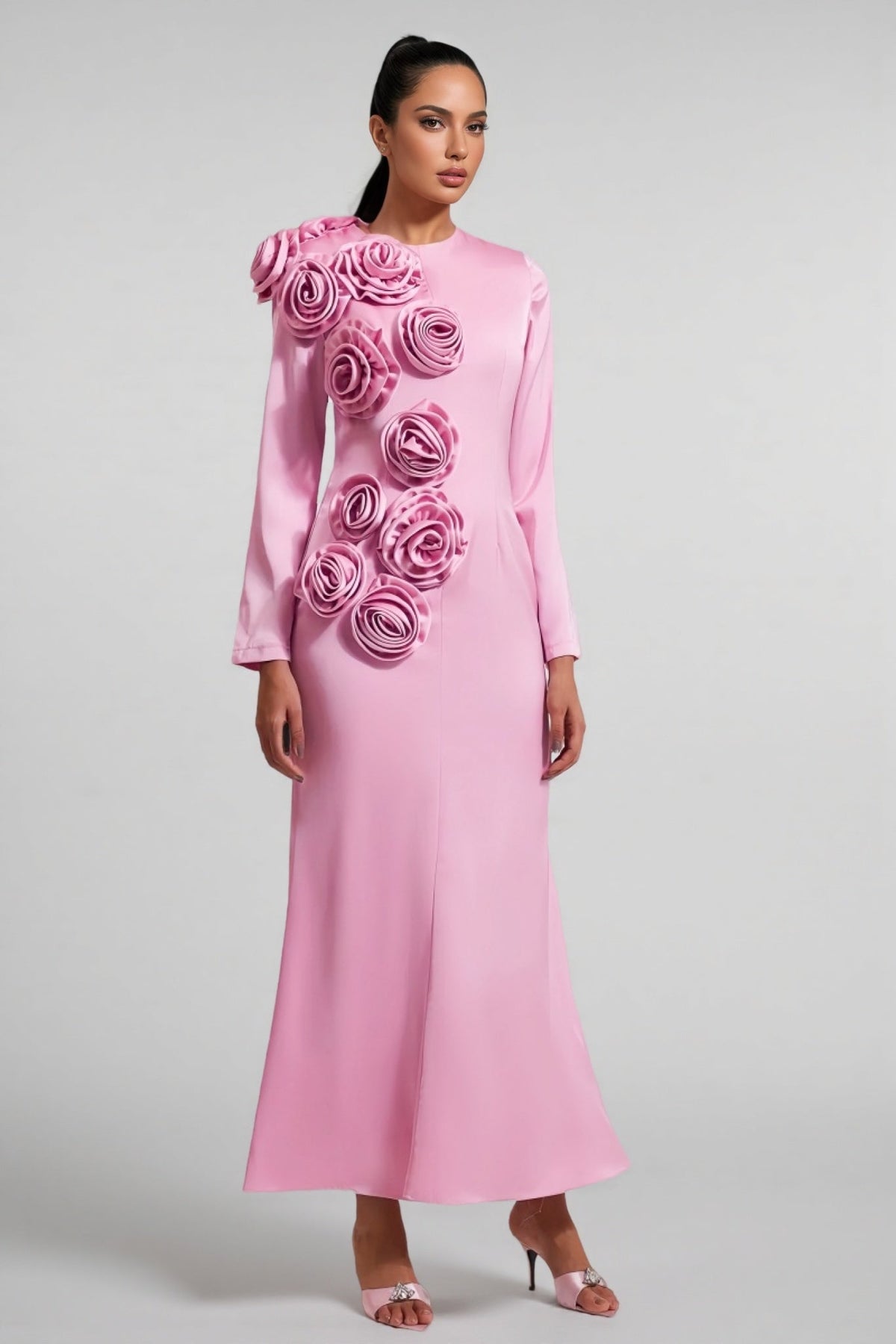3D Floral Satin Cami Maxi Dress - View 2