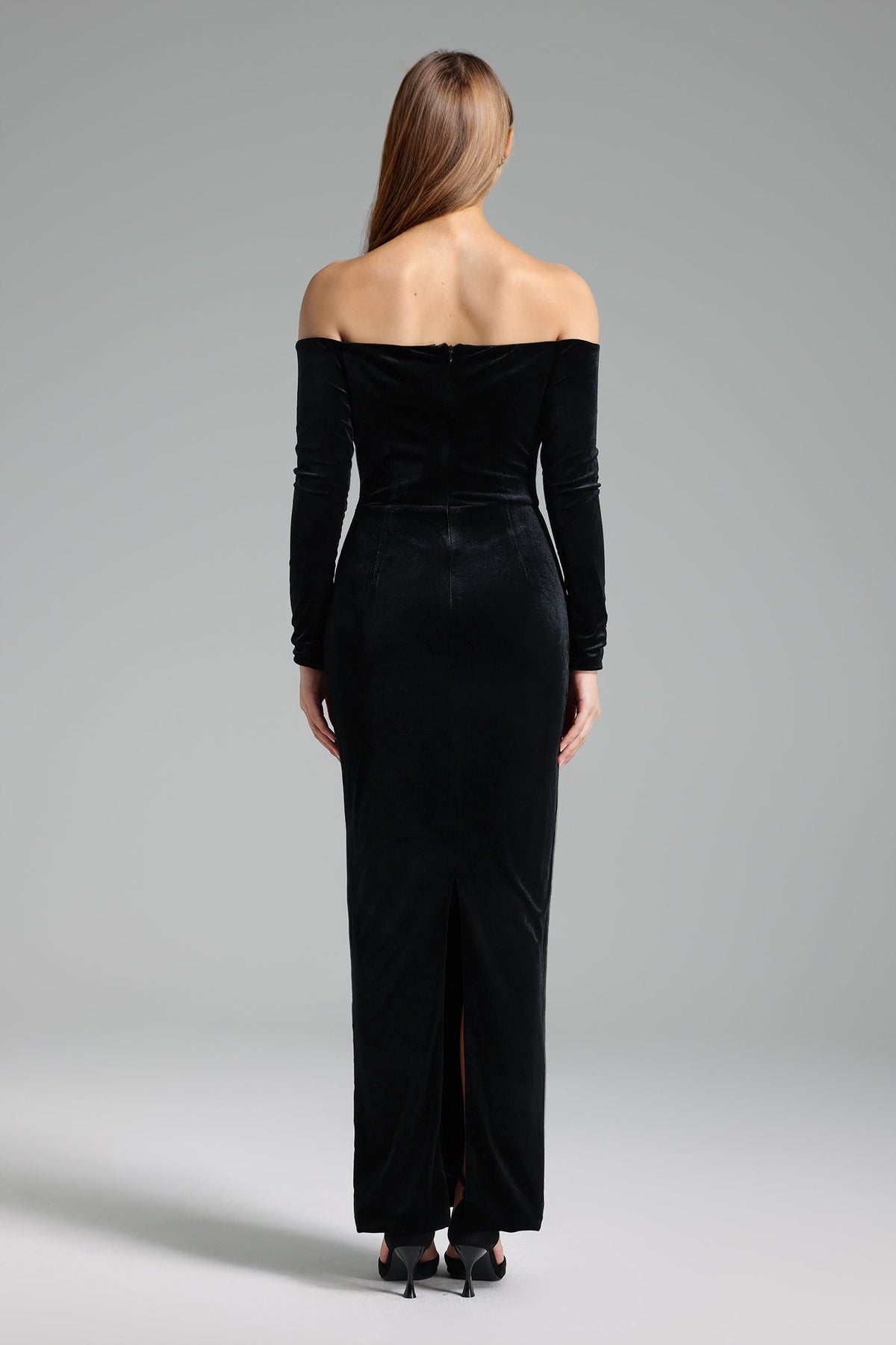 Velvet Off Shoulder Long Sleeve Maxi Dress - View 3