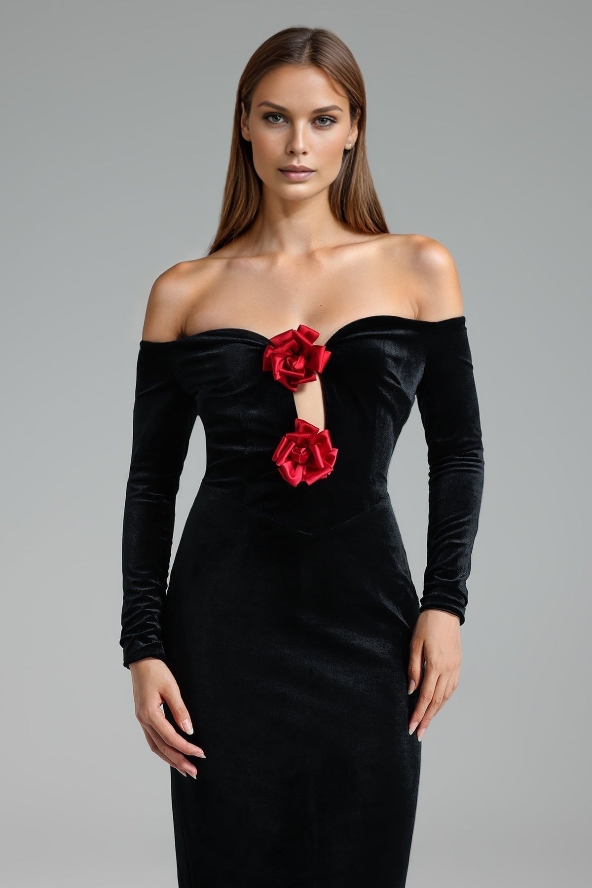 Velvet Off Shoulder Long Sleeve Maxi Dress - View 2
