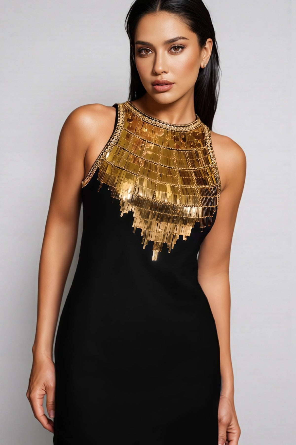 Beaded Bib High Neck Fringe Sleeveless Shift Mini Dress - View 4