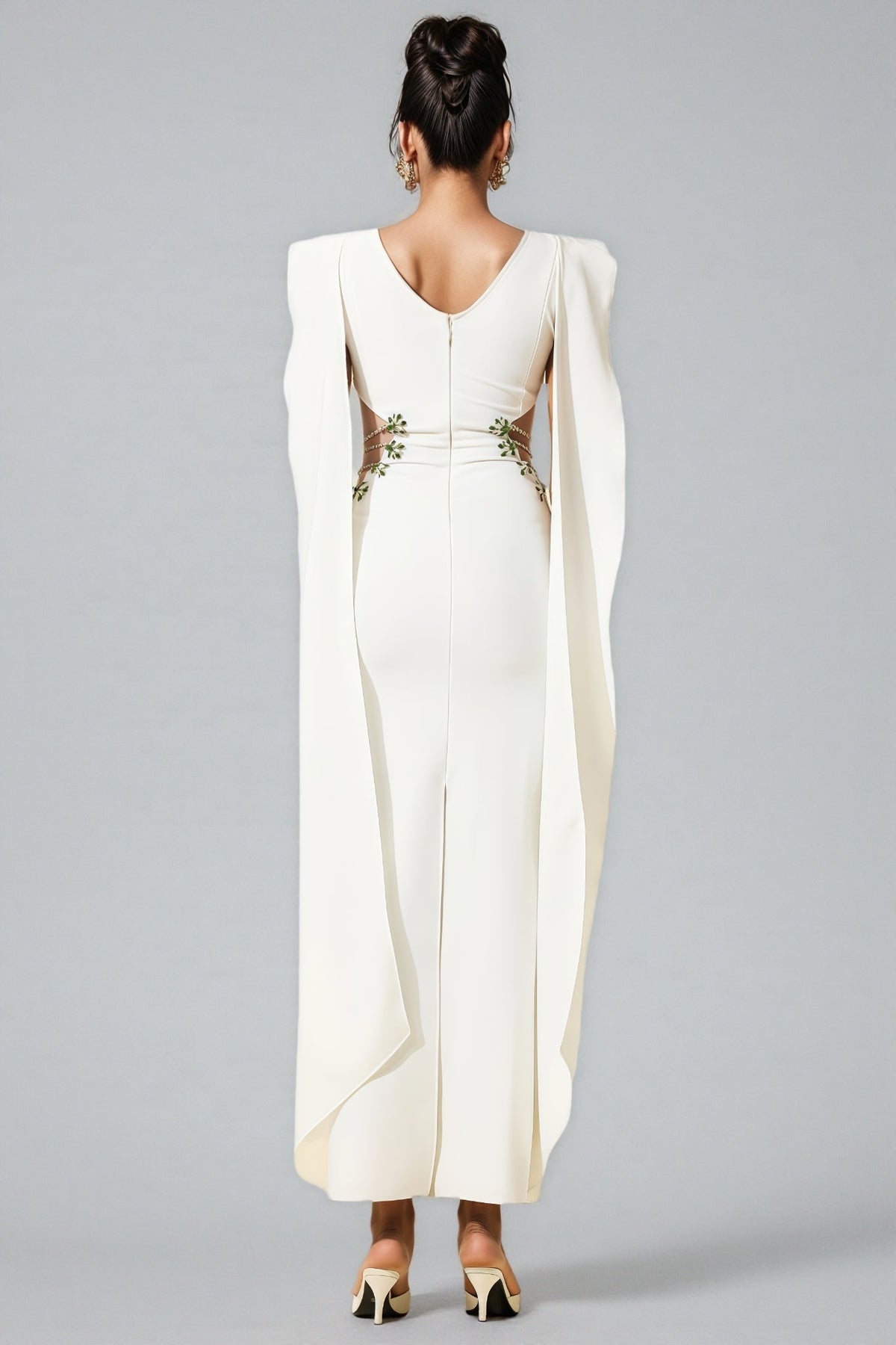 Sleeveless Boat Neck Cape Panel Side Cut Out Beaded Strap Maxi Gown - View 4