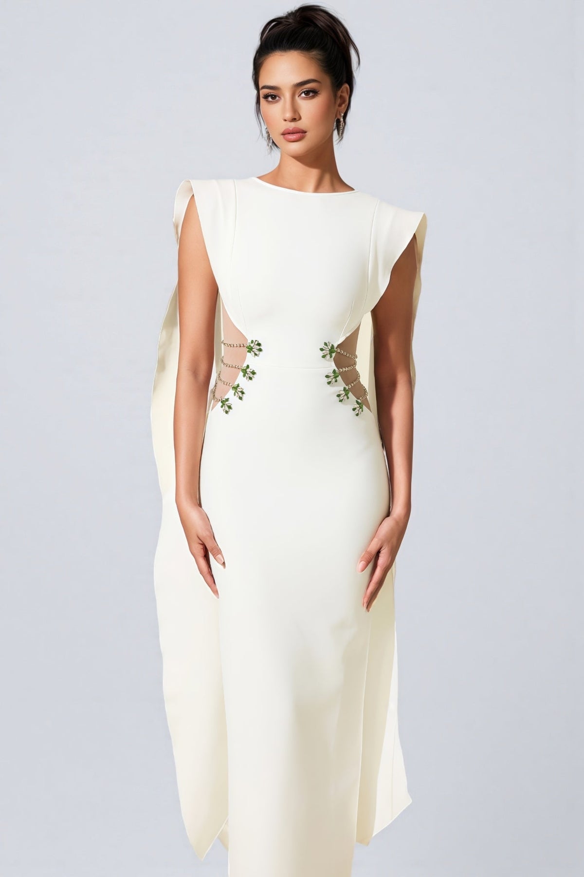 Sleeveless Boat Neck Cape Panel Side Cut Out Beaded Strap Maxi Gown - View 5