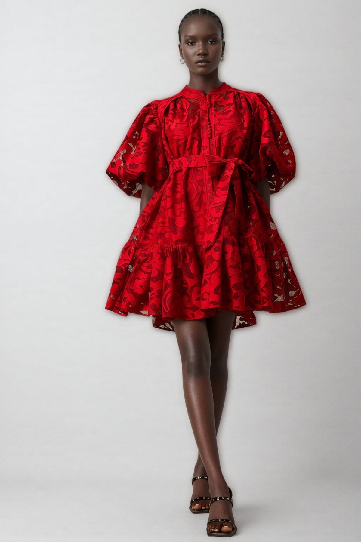 Cut Out Floral Lace Mandarin Collar Puff Sleeve Mini Dress