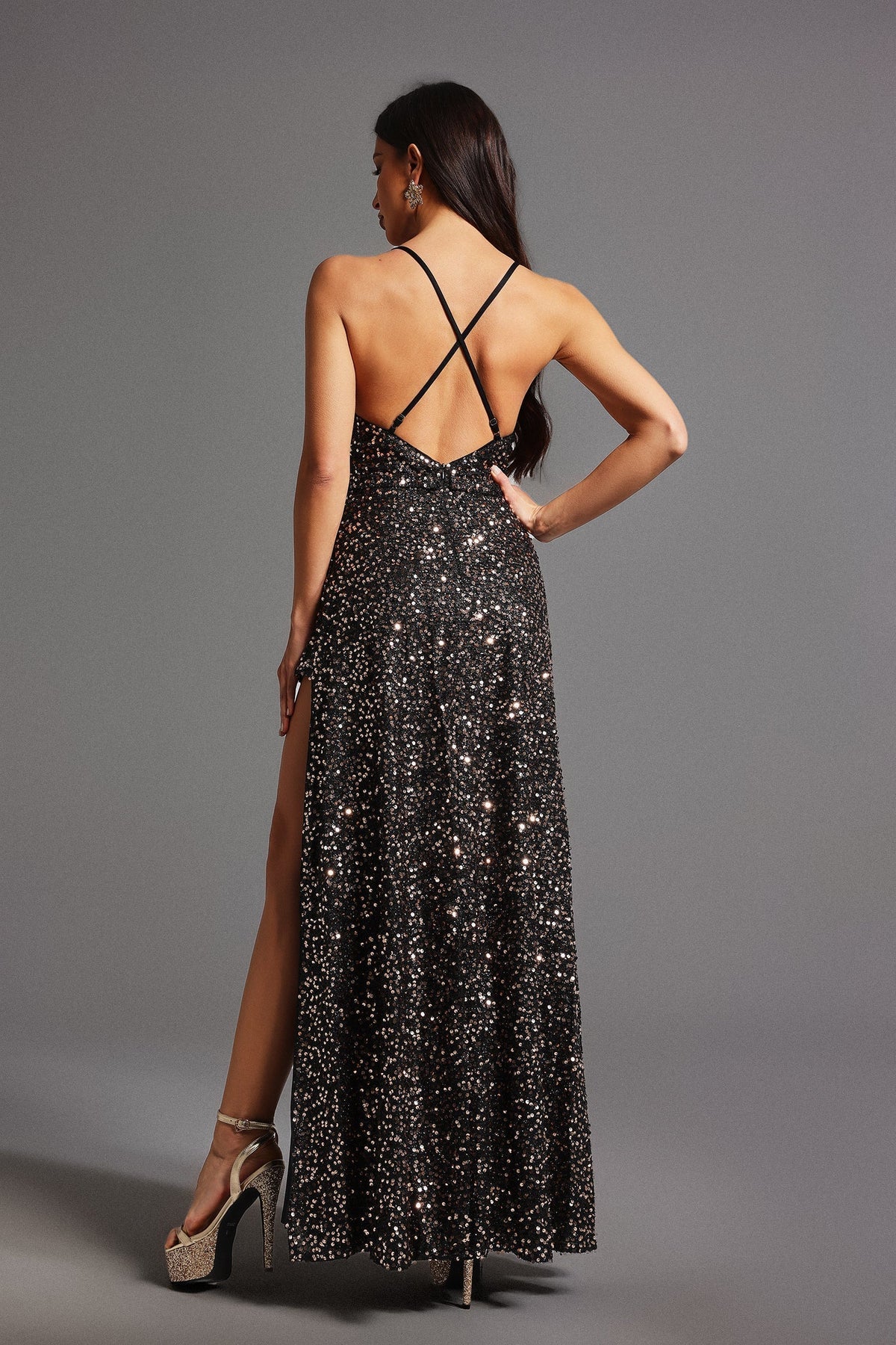 Sequin Sweetheart Spaghetti Strap High Split Maxi Gown - View 6