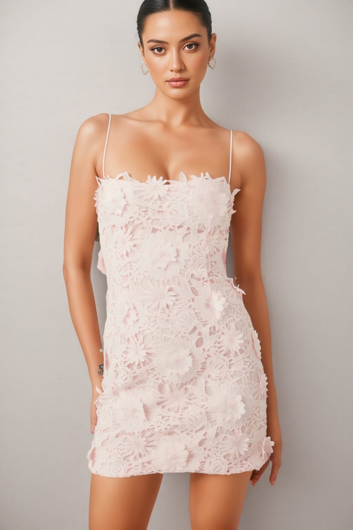 3D Floral Lace Spaghetti Strap Bodycon Mini Dress - View 6