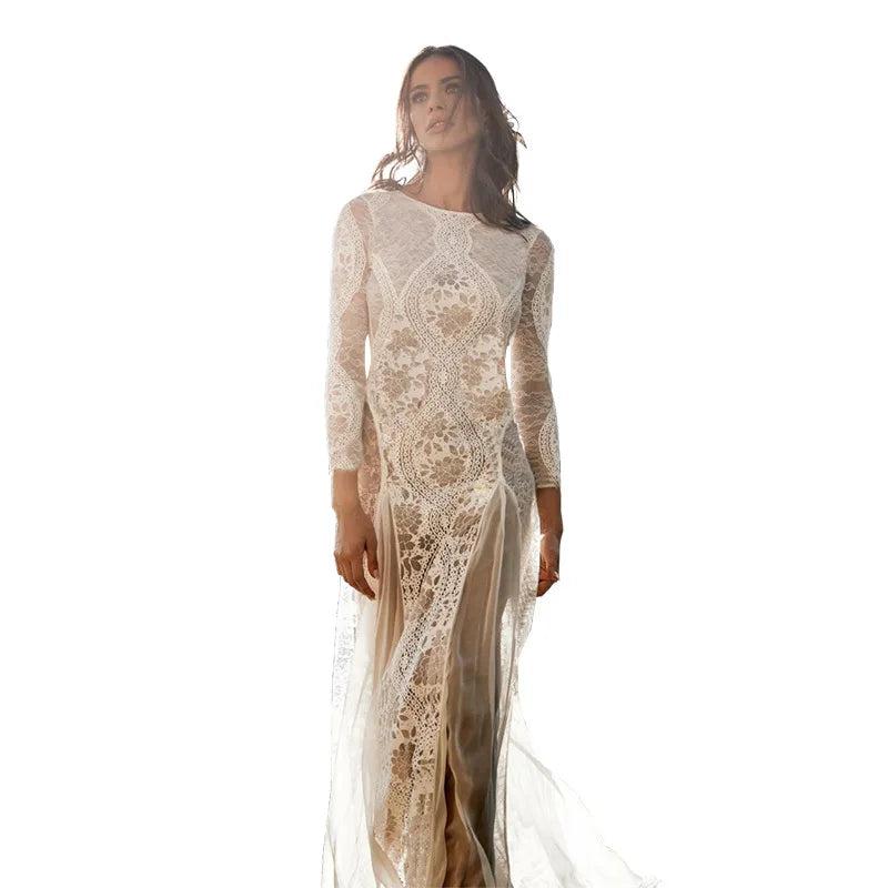 Sheer Floral Lace Long Sleeve High Slit Maxi Dress 5