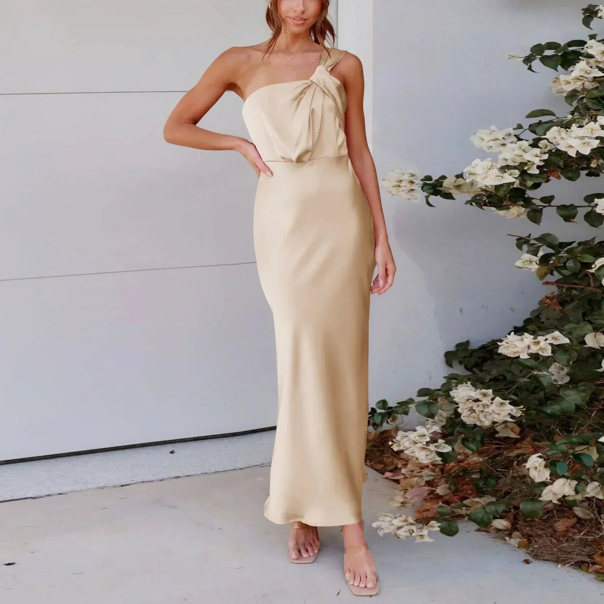 One Shoulder Twist Front Satin Bodycon Maxi Dress