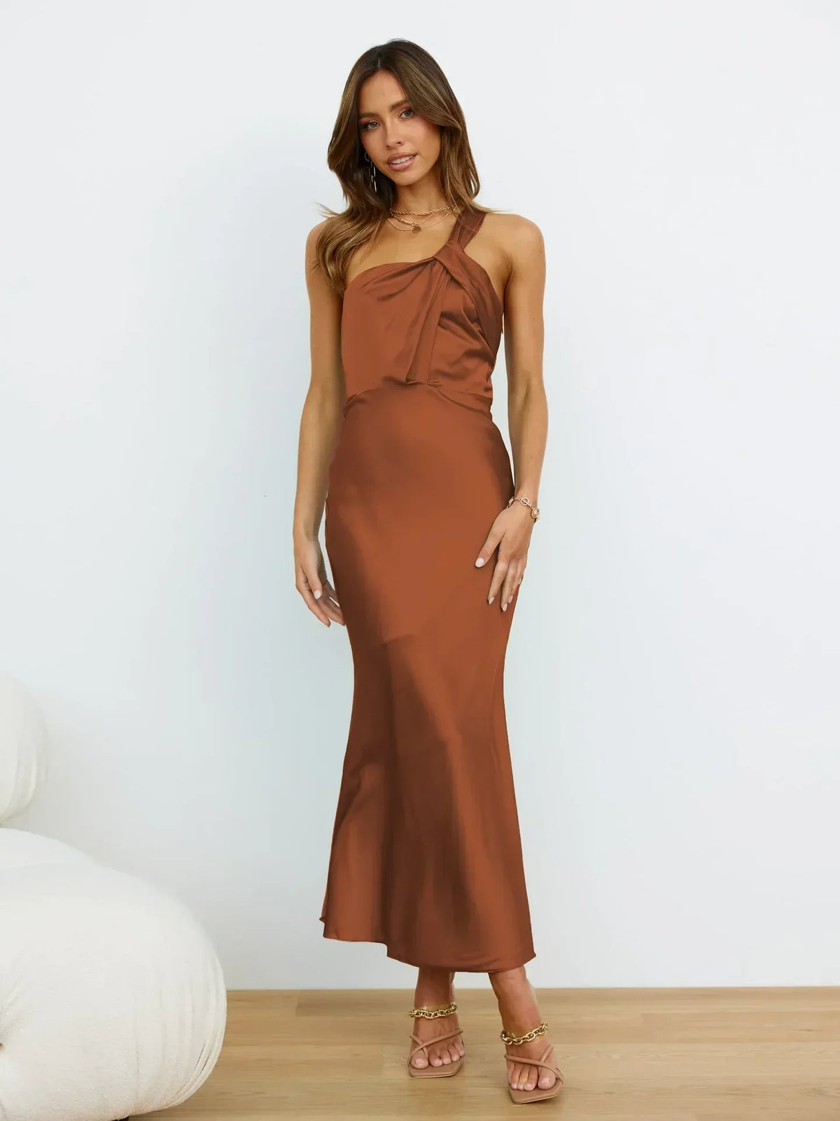 One Shoulder Twist Front Satin Bodycon Maxi Dress 3