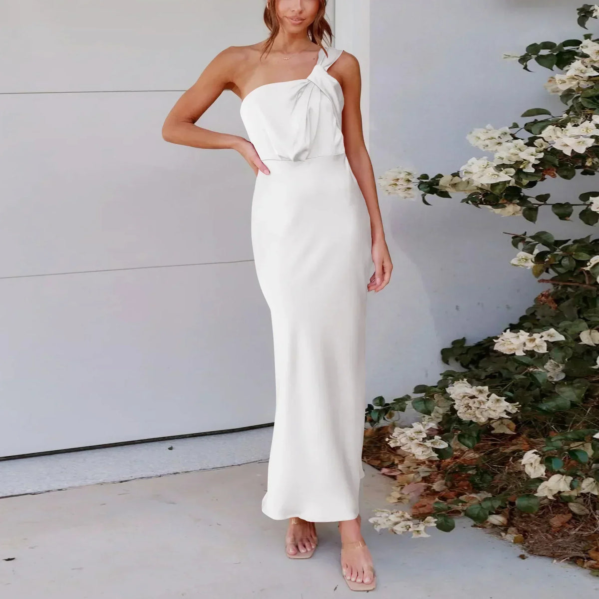 One Shoulder Twist Front Satin Bodycon Maxi Dress 6