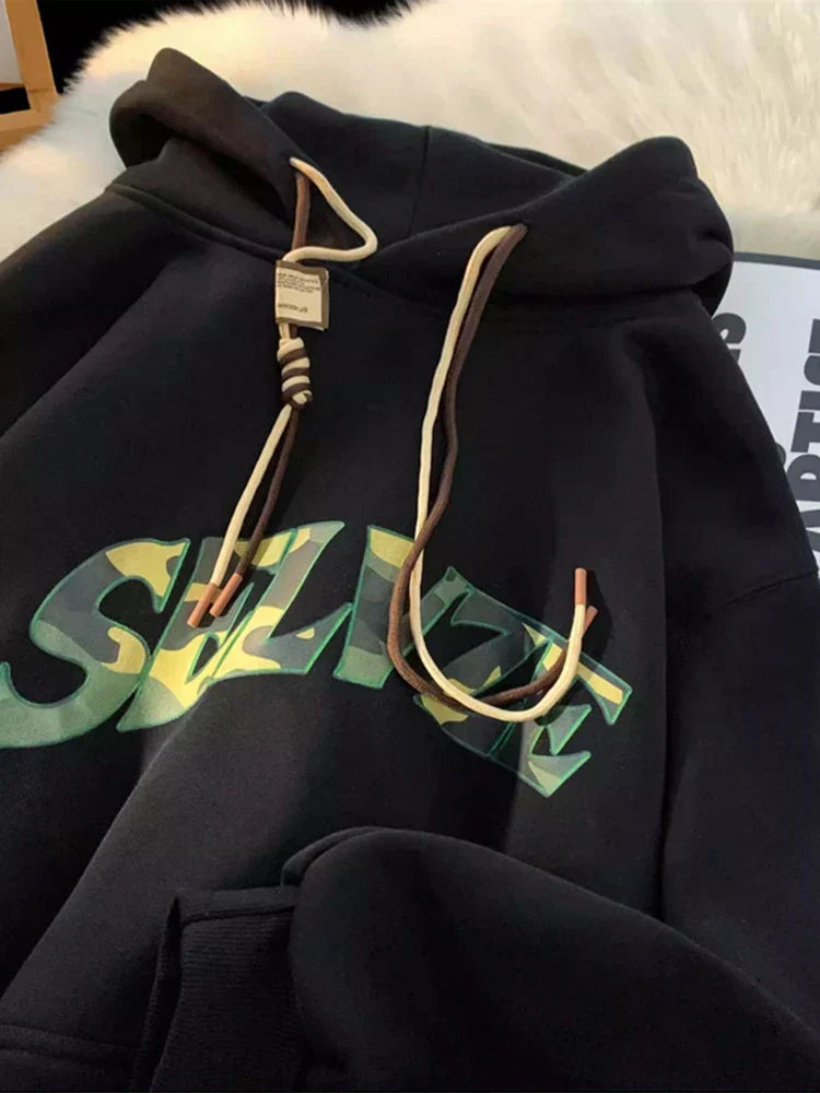Camouflage Letter Print Punk Y2K Hoodie Black / M(40-45KG)
